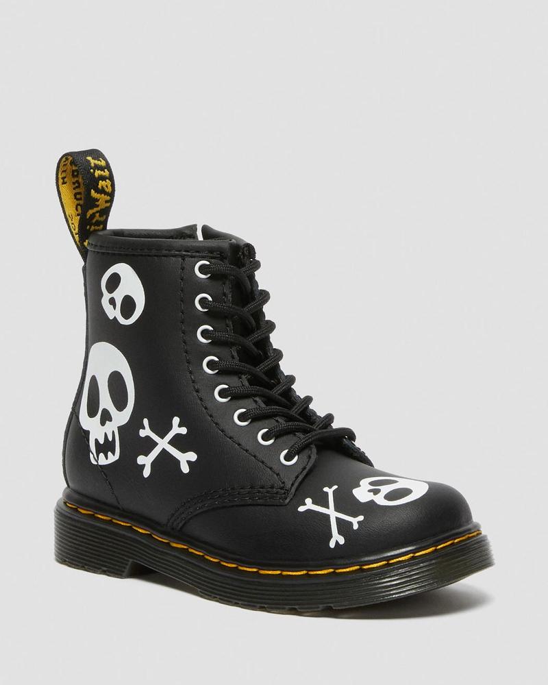 Black / White Kids\' Dr Martens Toddler 1460 Skull & Bones Leather Lace Up Boots | CA 704AHK